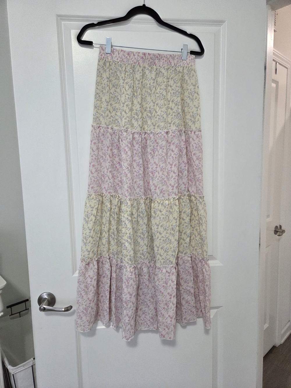 Floral Tiered Maxi Skirt in Pink & Cream